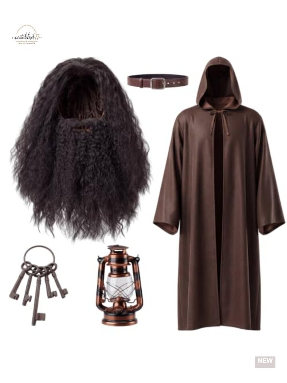5 Pc Wizard Costume Set Robe Cloak Wig Beard Belt Halloween Cosplay